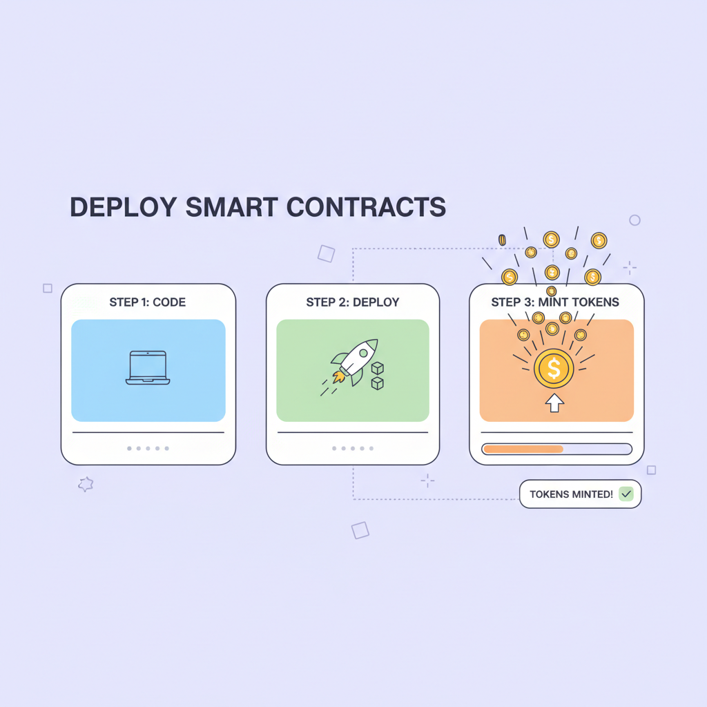 deploying smart contracts on blockchain dashboard with token minting animation