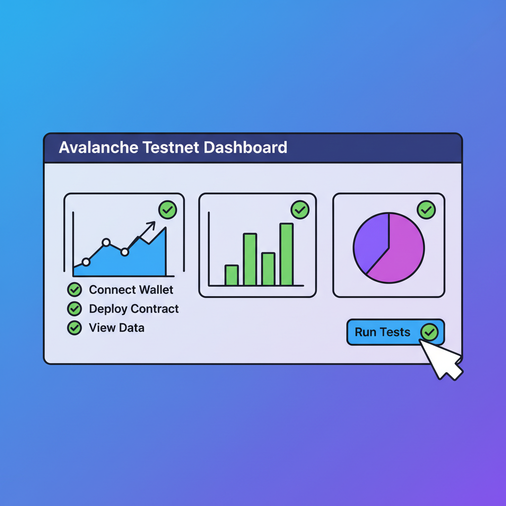 testing dashboard on Avalanche testnet with charts and checkmarks