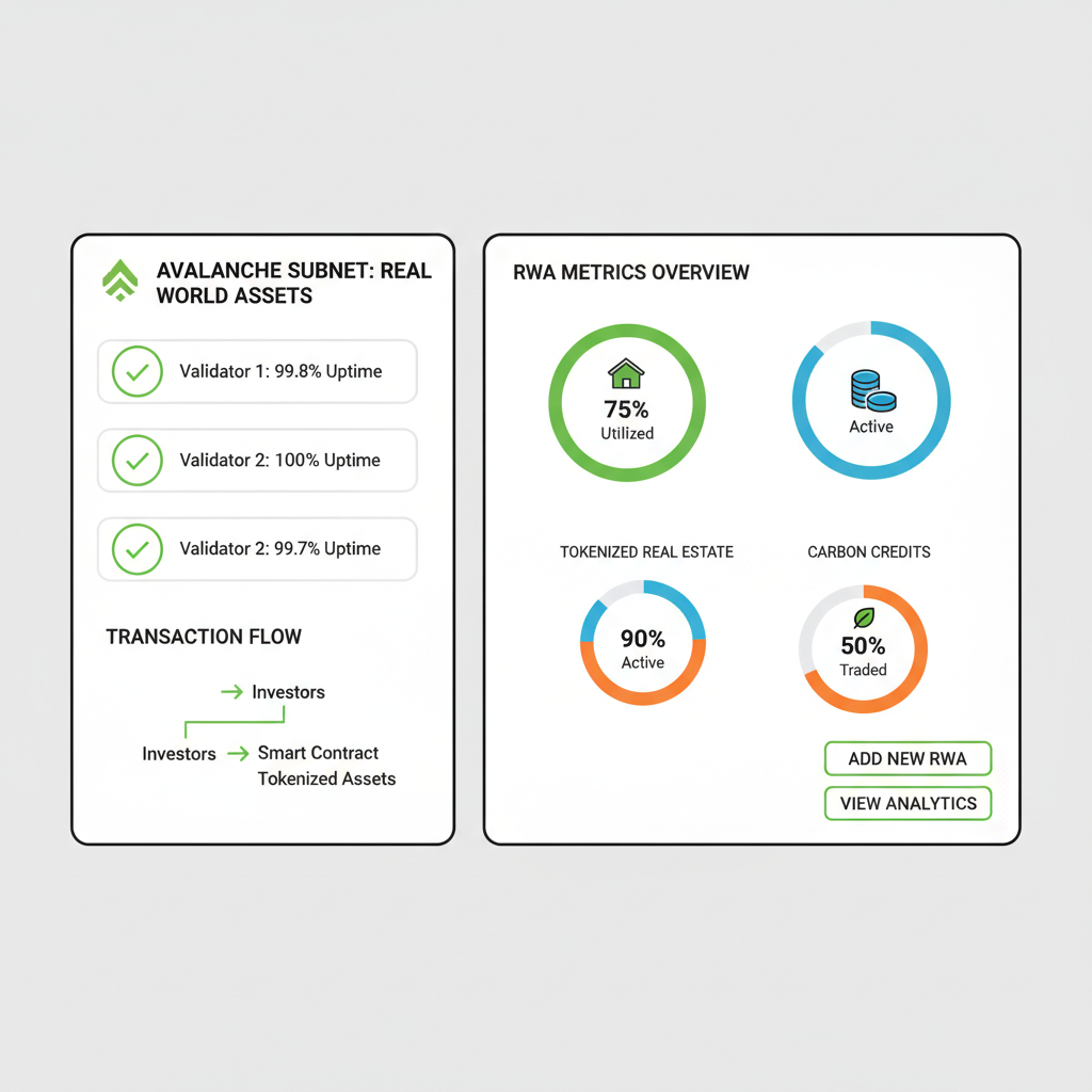 live Avalanche subnet dashboard with RWA metrics, green uptime indicators