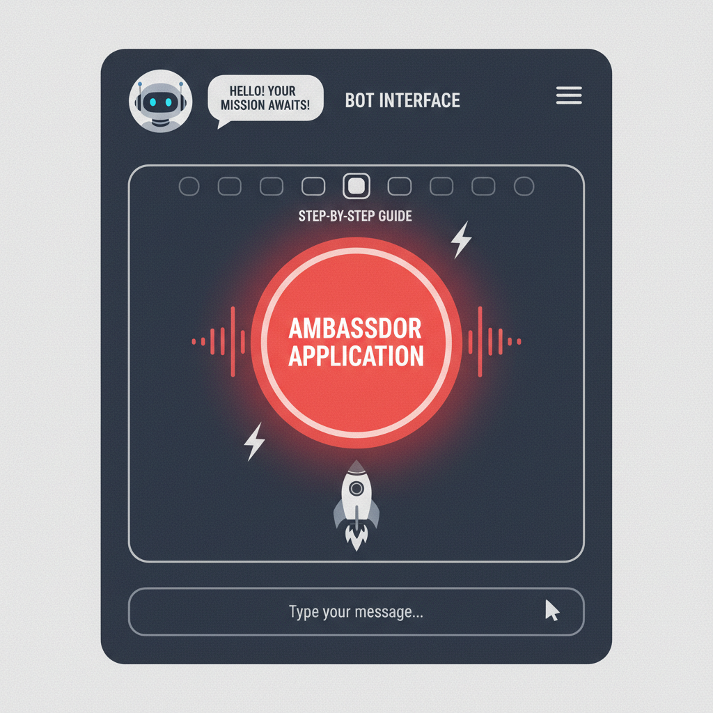 Robot bot interface with ambassador application button glowing red, Telegram mini app style, urgent energy