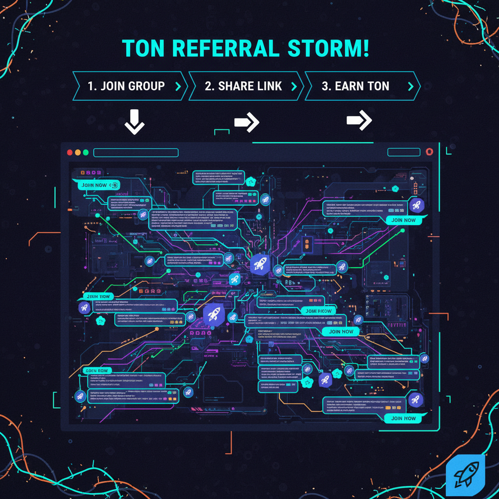 Telegram group chat exploding with referral links, neon TON blockchain vibes, aggressive cyberpunk style
