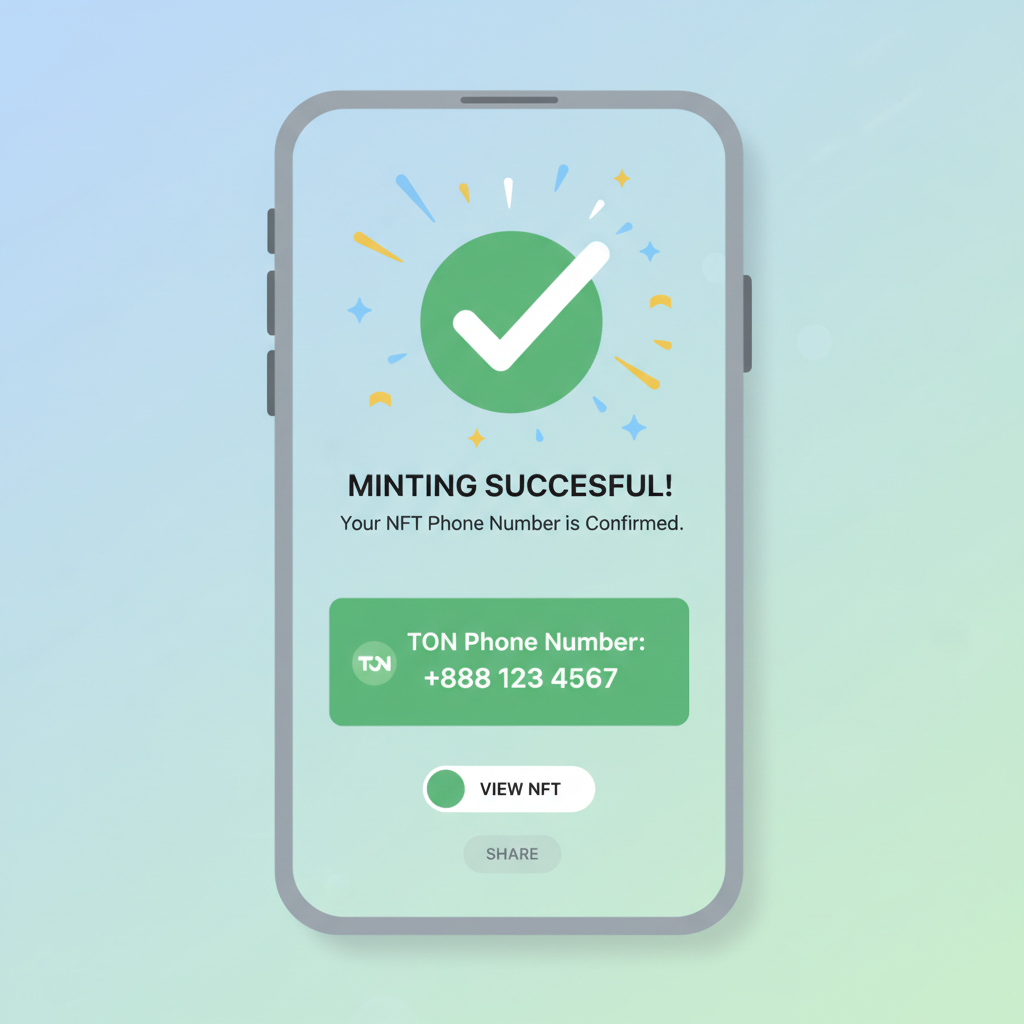 Successful mint confirmation screen, NFT phone number in TON wallet, celebration effects