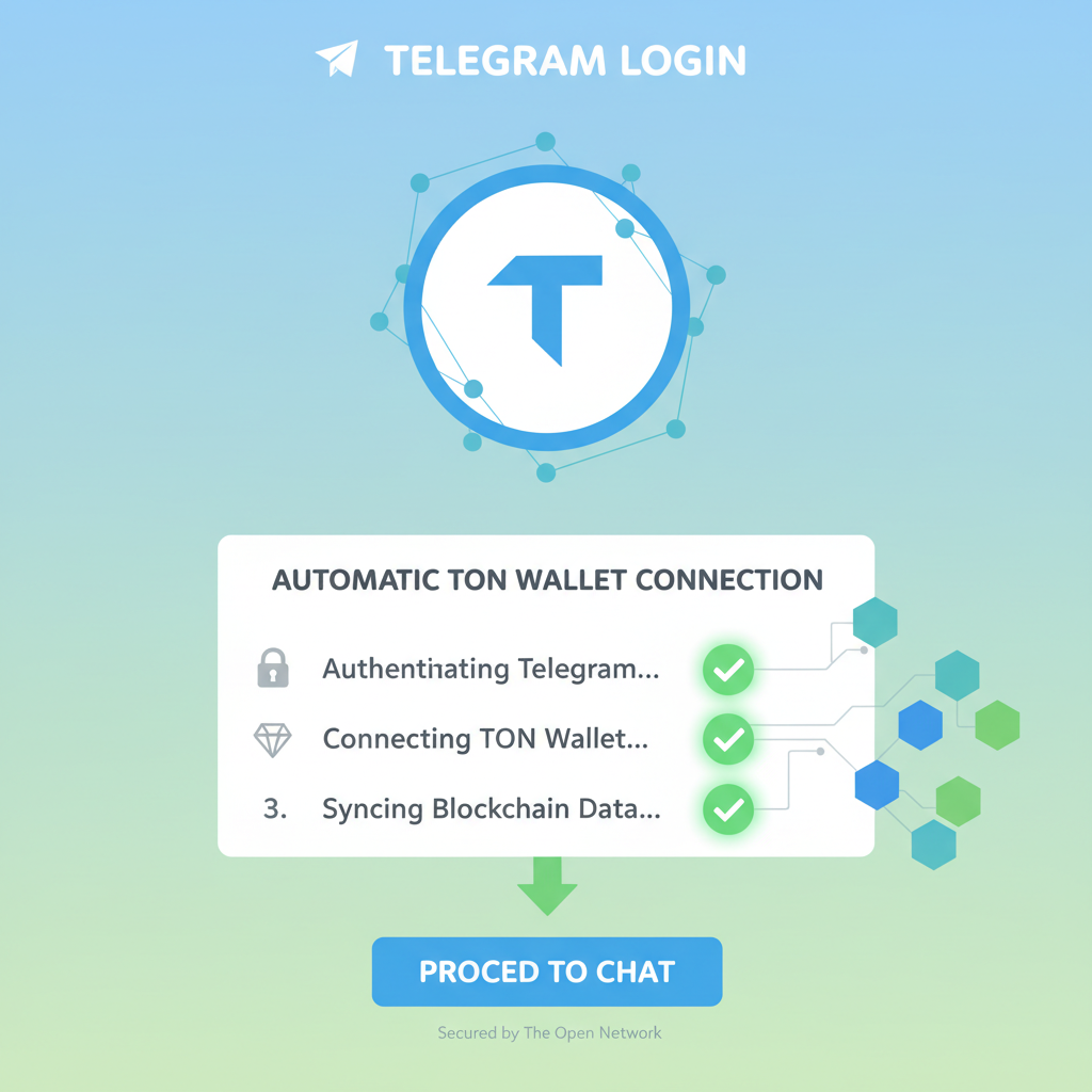 Seamless Telegram login screen with TON wallet connecting automatically, glowing green checkmarks, blockchain icons