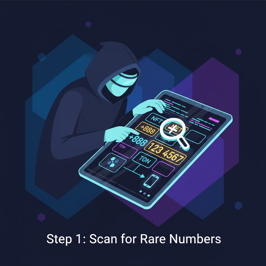 Hunter scanning rare glowing NFT phone numbers on TON blockchain, dark futuristic interface, high contrast