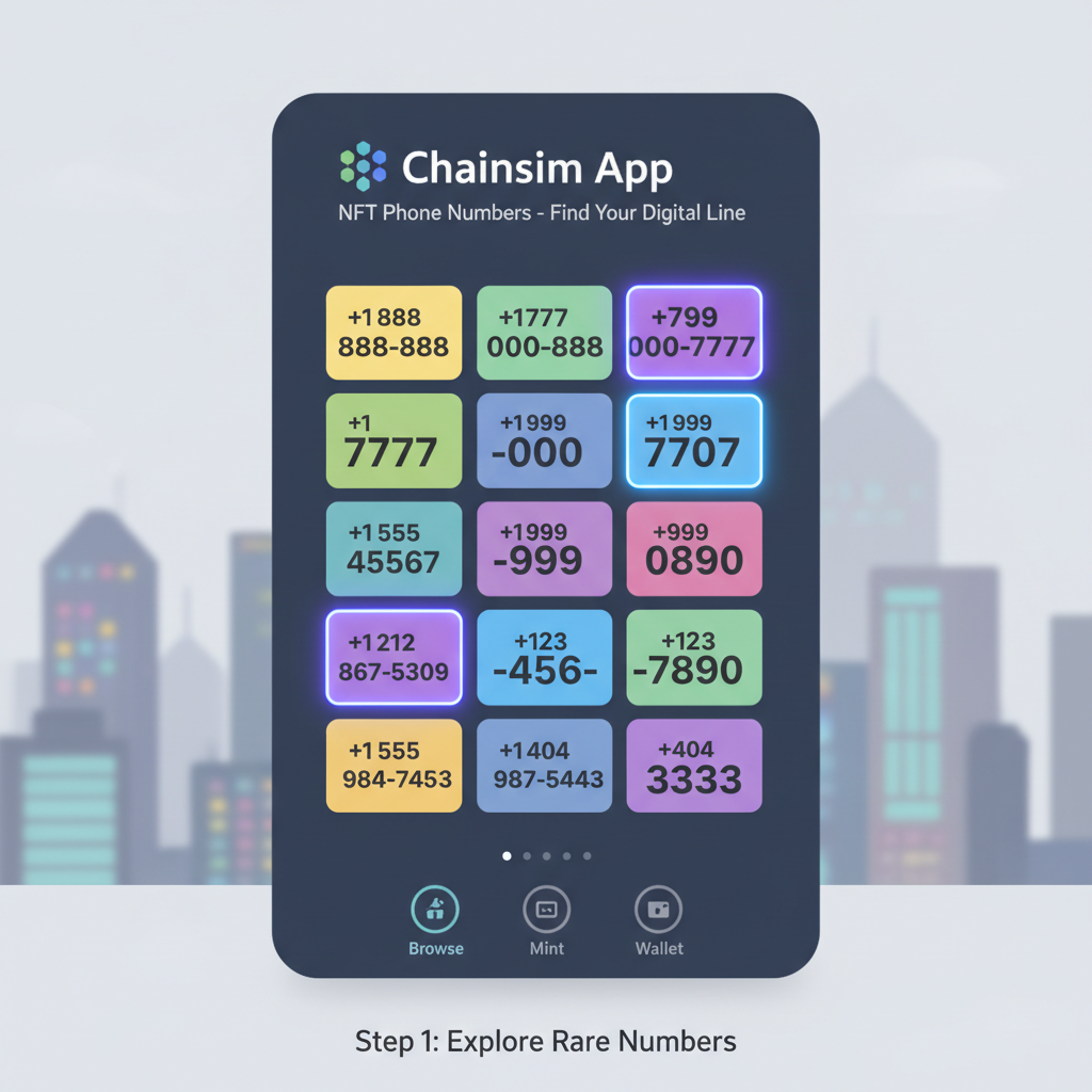 Grid of NFT phone numbers on Chainsim app, highlighting rare repeating digit numbers, neon glow on premiums