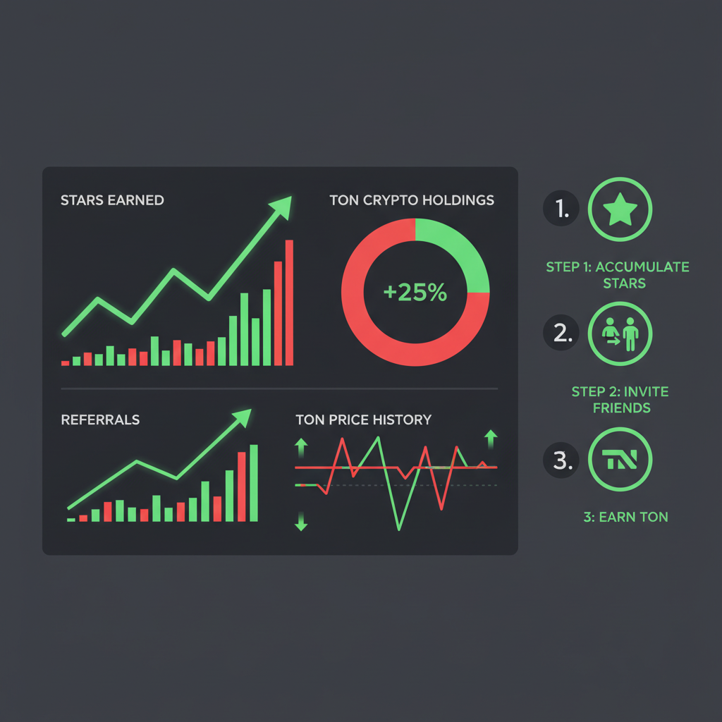 Dynamic dashboard tracking Stars and referrals, charts spiking up, TON crypto graphs, aggressive red-green colors