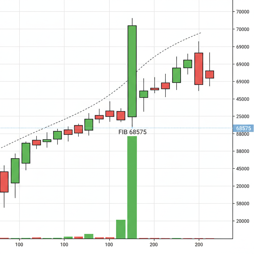 bitcoin candlestick chart volume spike bullish candle at fib level 68575