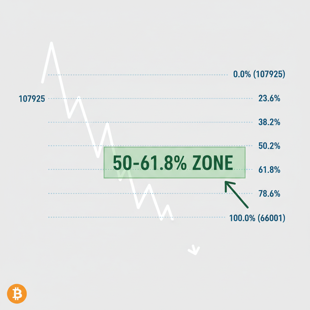 bitcoin chart fibonacci retracement from 107925 high to 66001 low highlighting 50-61.8% zone