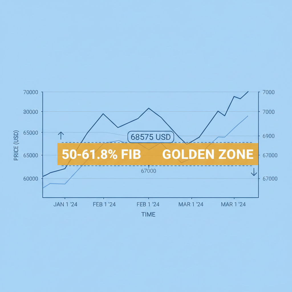 bitcoin price chart price at 68575 in 50-61.8% fib golden zone clean technical style