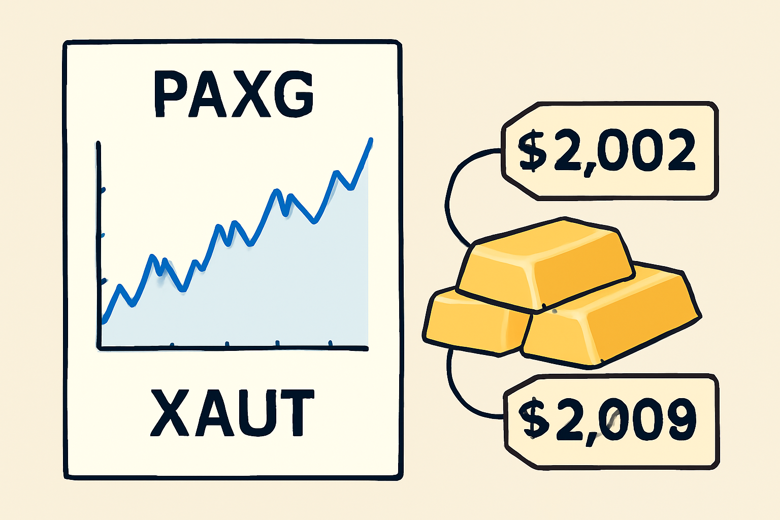 A digital chart showing PAXG and XAUT prices, with gold bars and price tags reflecting the current values.