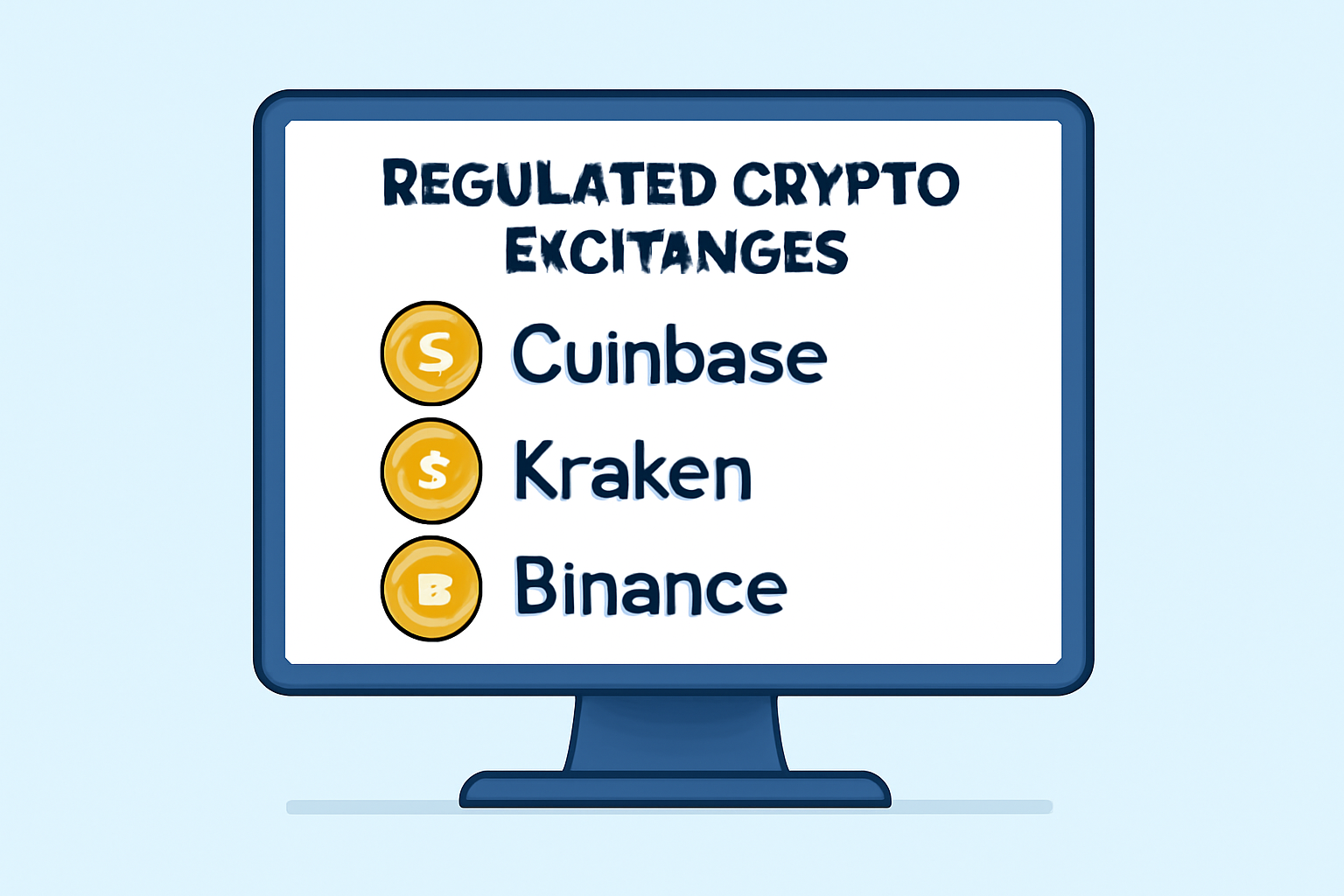 A computer screen displaying popular regulated crypto exchanges like Coinbase, Kraken, and Binance, with gold tokens icons.