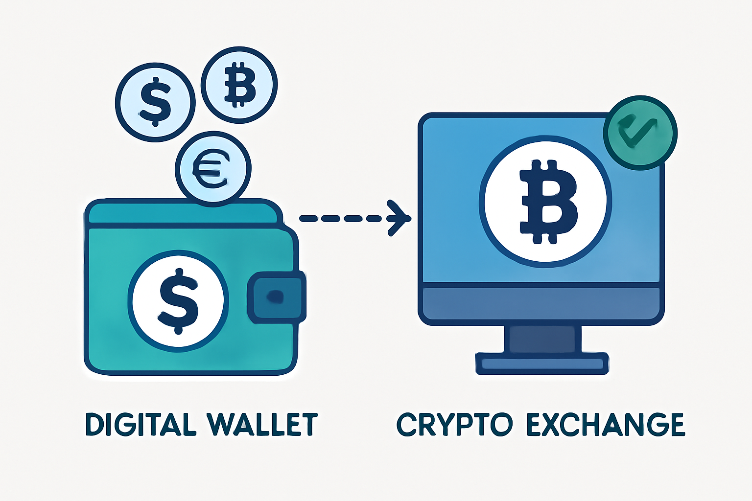 A digital wallet transferring funds to a crypto exchange account, with currency symbols and confirmation icons.