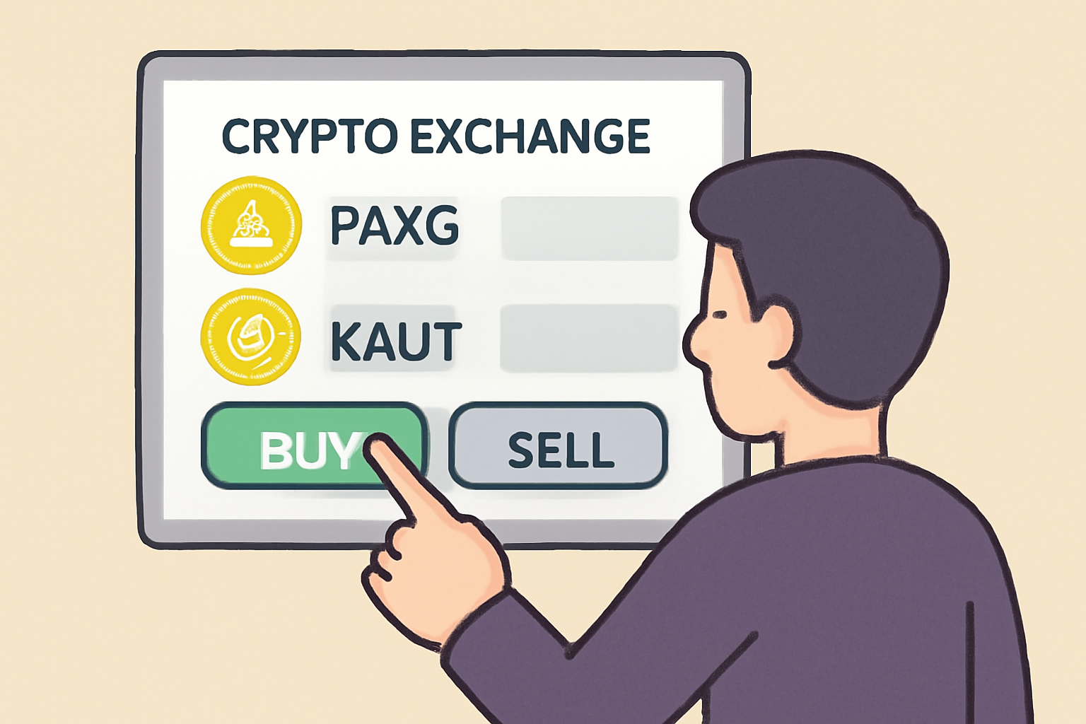 A user placing a buy order for PAXG or XAUT on a crypto exchange interface, with highlighted buy buttons and gold token symbols.