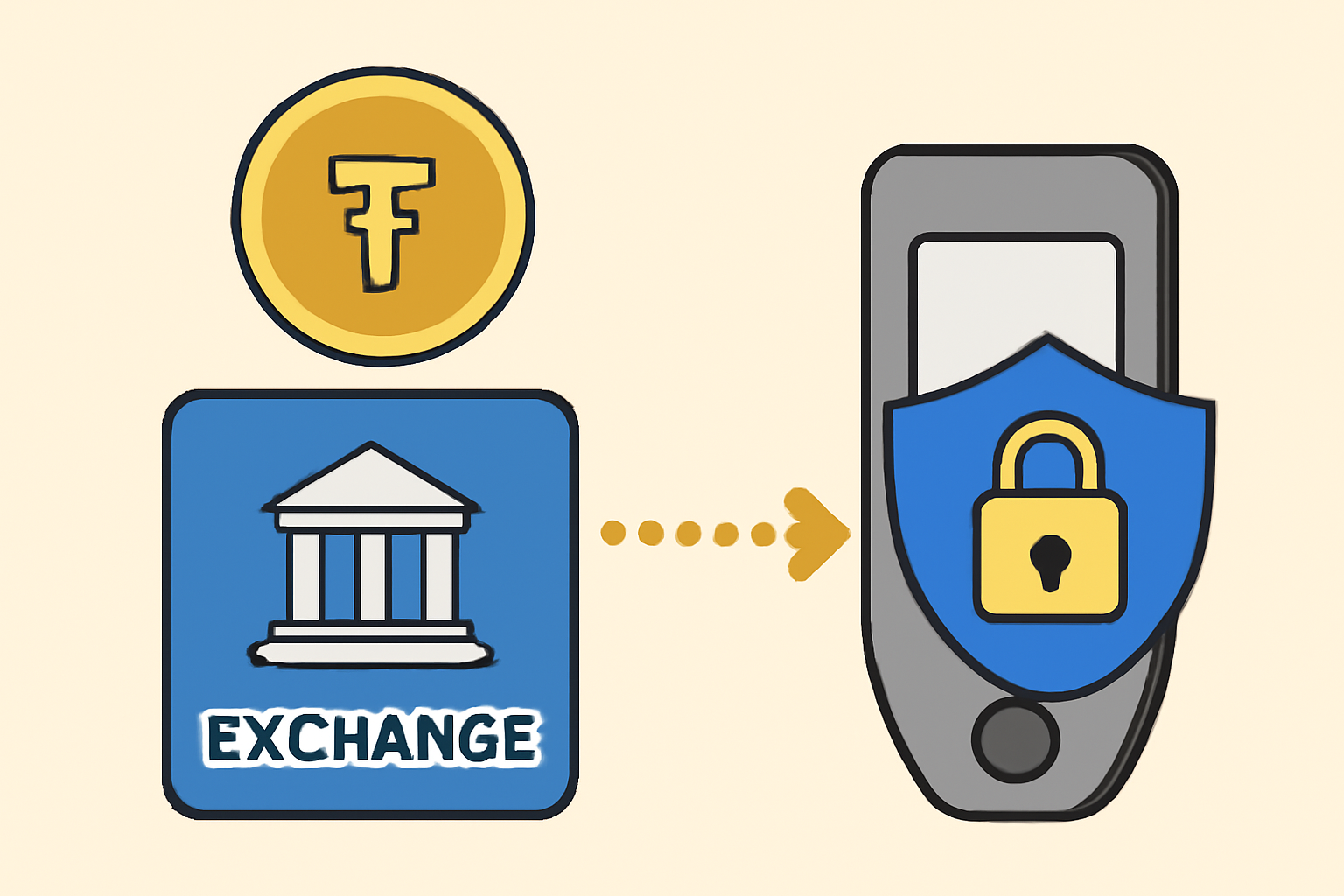 A gold token being transferred from an exchange to a secure hardware wallet, with a shield and lock symbol.