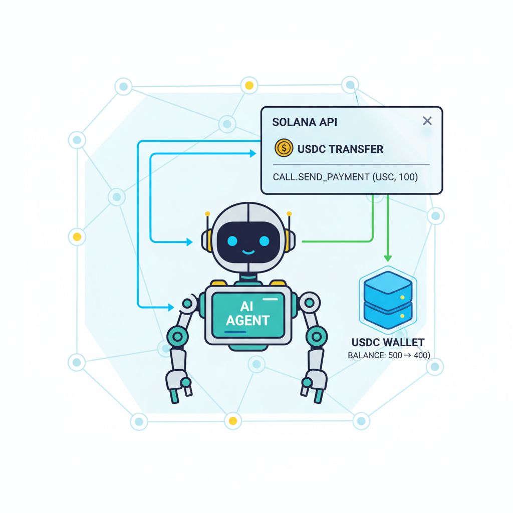 AI agent robot paying USDC Solana API call futuristic illustration