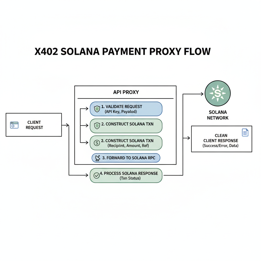 API proxy flow diagram x402 Solana payment to response clean flowchart