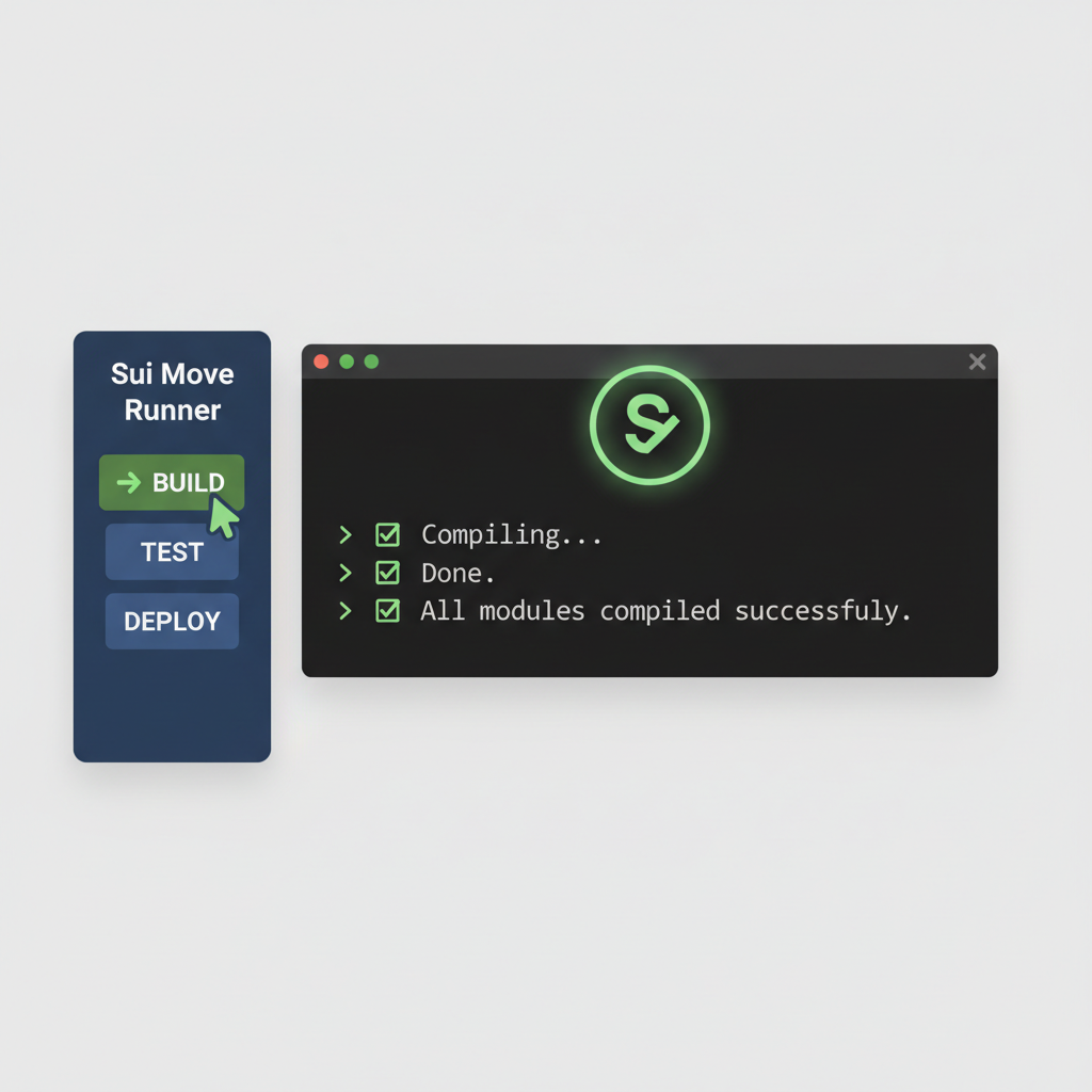 Sui Move Runner sidebar build button clicked, terminal showing successful compilation output, green checkmarks