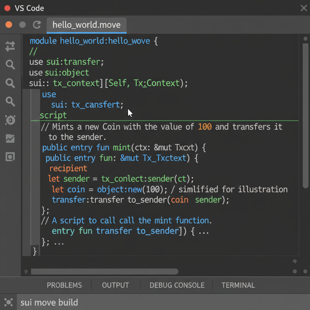 VS Code editor with Sui Move hello_world.move code snippet, syntax highlighting, cursor on mint function