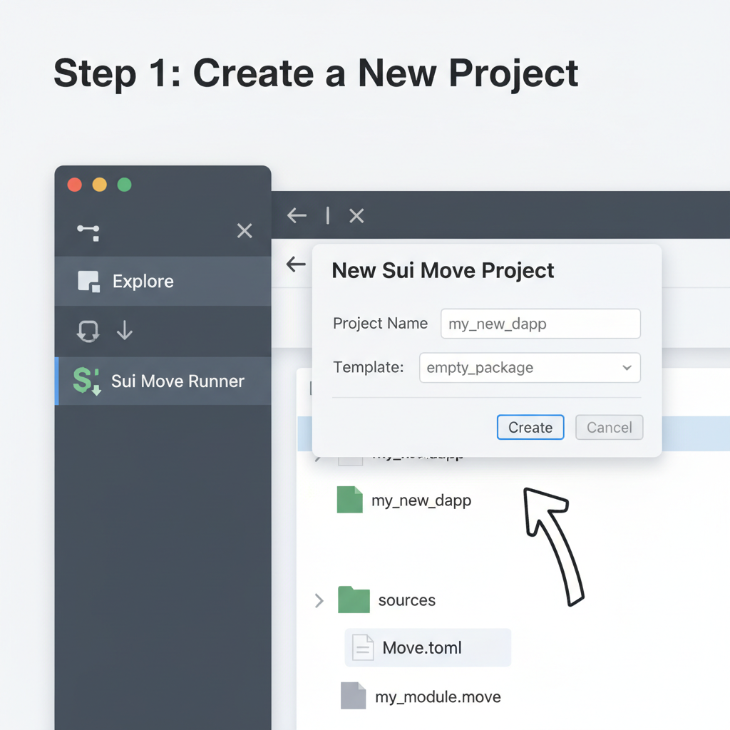 VS Code sidebar with Sui Move Runner, new project dialog, modern file tree previewing sources and Move.toml