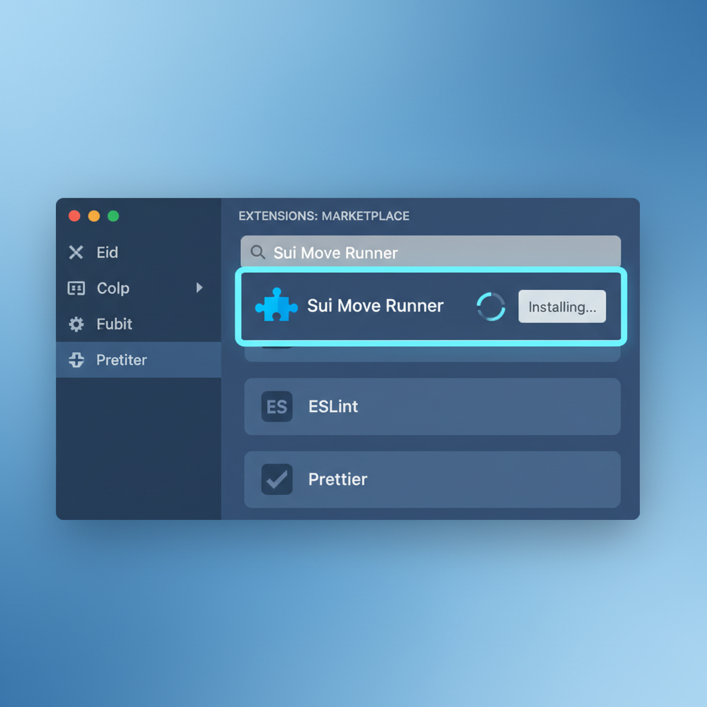VS Code extensions panel open, Sui Move Runner highlighted and installing, clean UI, tech blue tones