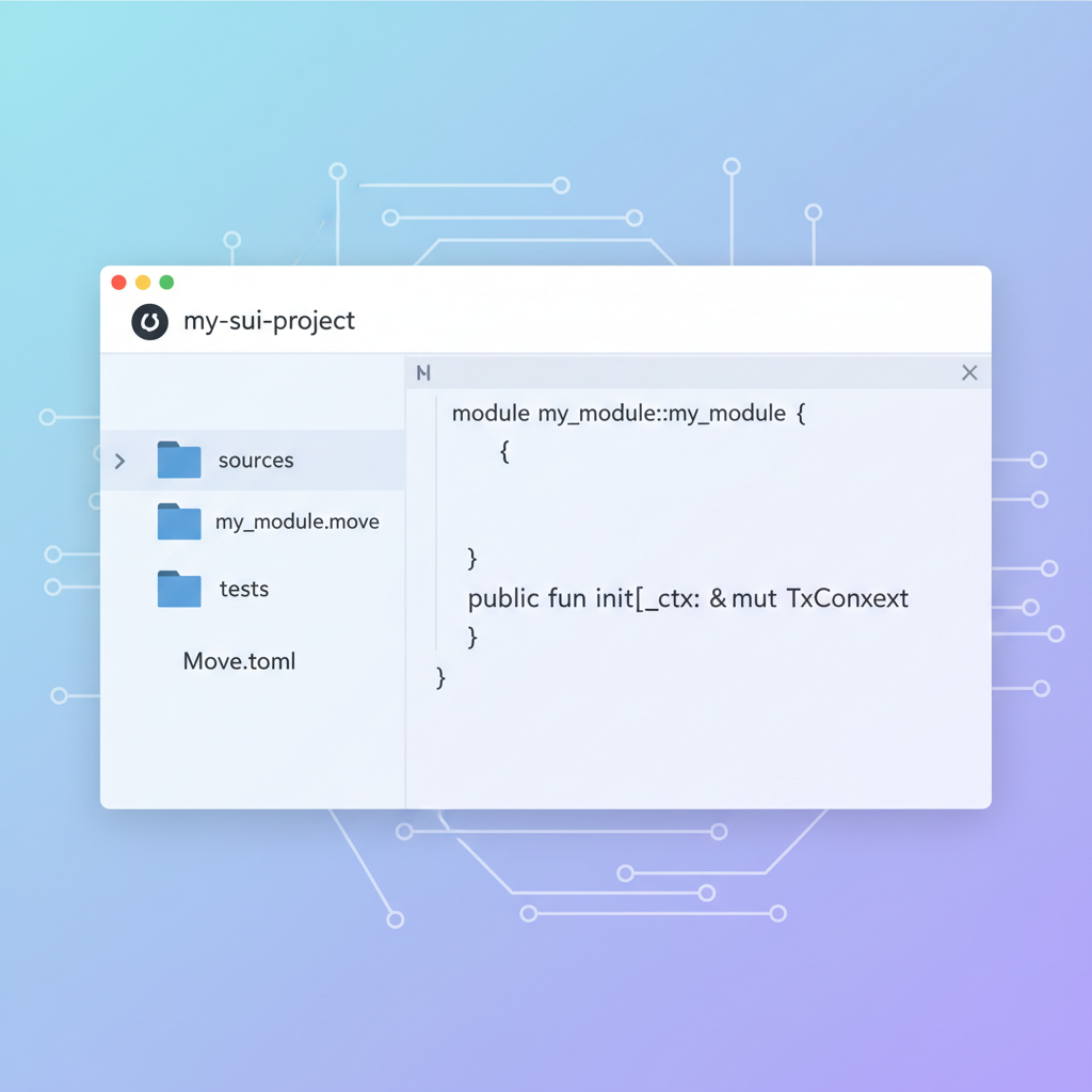 VS Code explorer showing new Sui project folders: sources, tests, Move.toml, minimalist code editor background