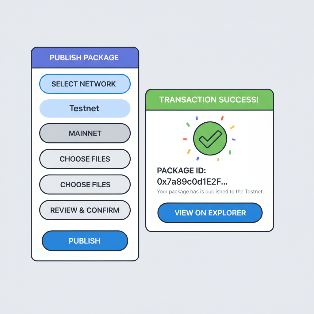 Sidebar publish dialog selecting testnet, transaction success popup, package ID displayed prominently