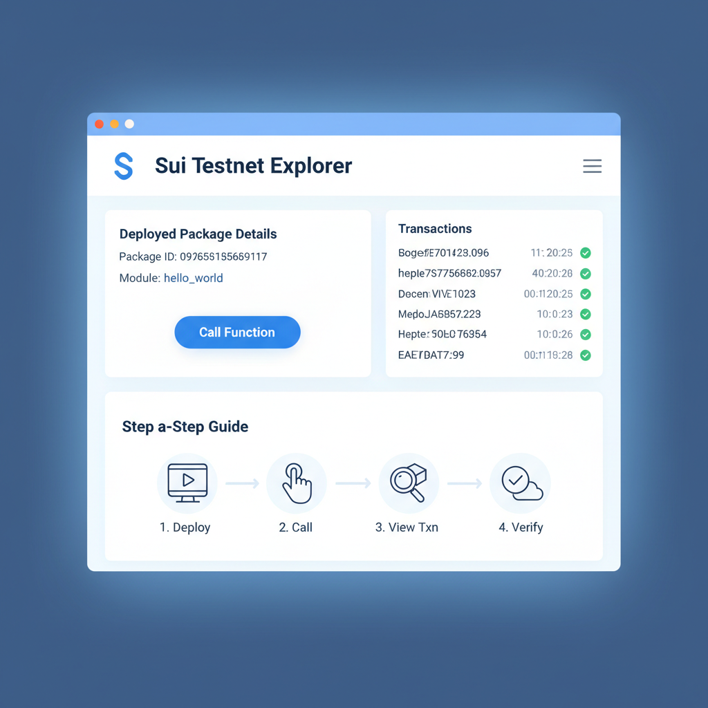 Sui testnet explorer webpage showing deployed hello_world package, transaction details, interactive call button
