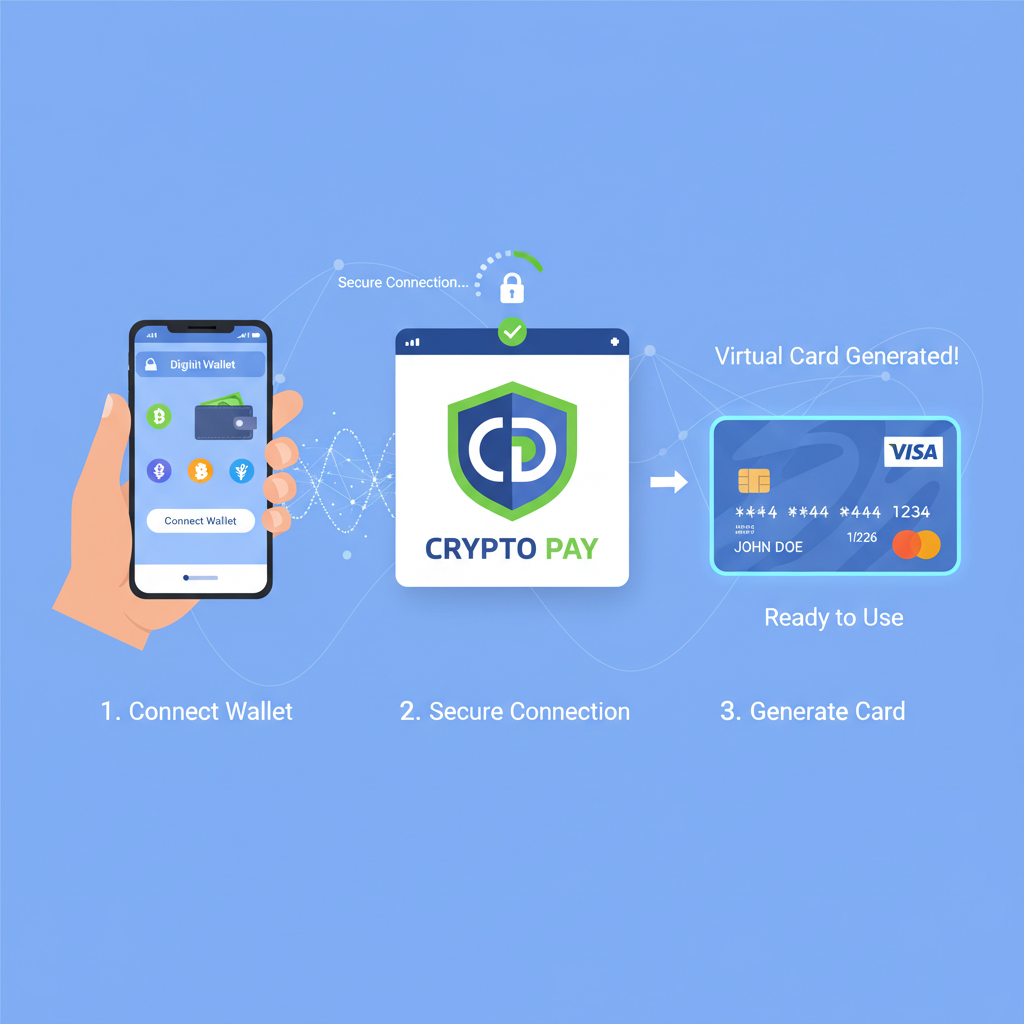 user connecting wallet to crypto debit card platform, virtual Visa card generating, secure connection animation