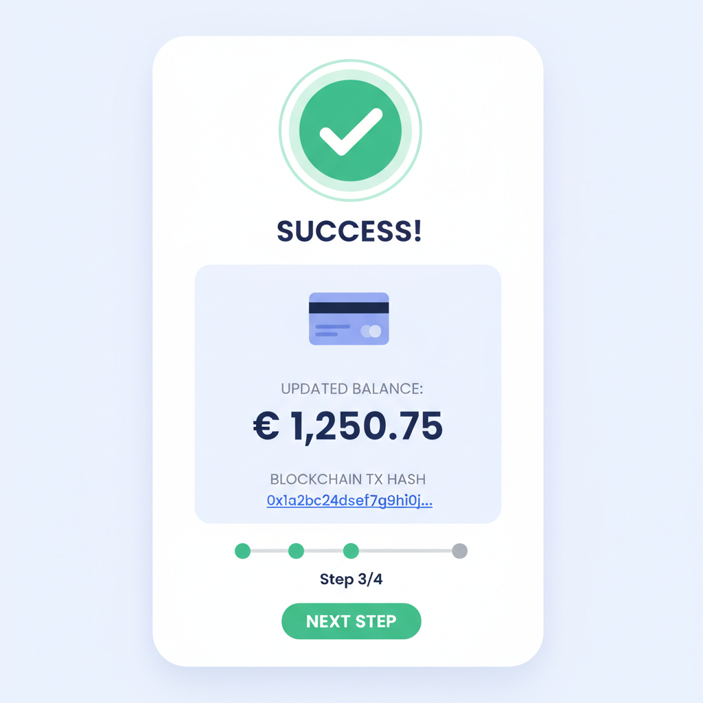 success screen with updated card balance, blockchain tx hash link