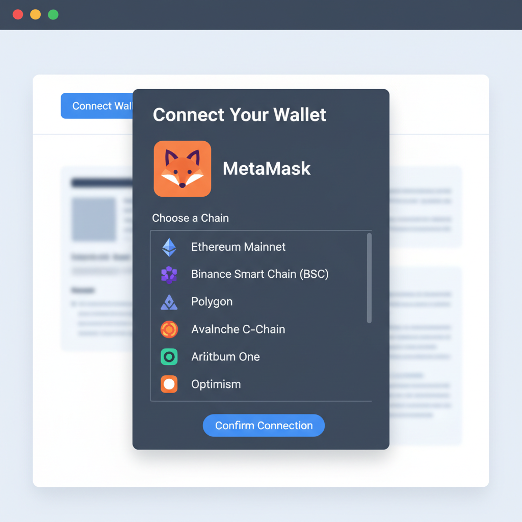 web interface showing wallet connection modal, MetaMask icon, EVM chains list