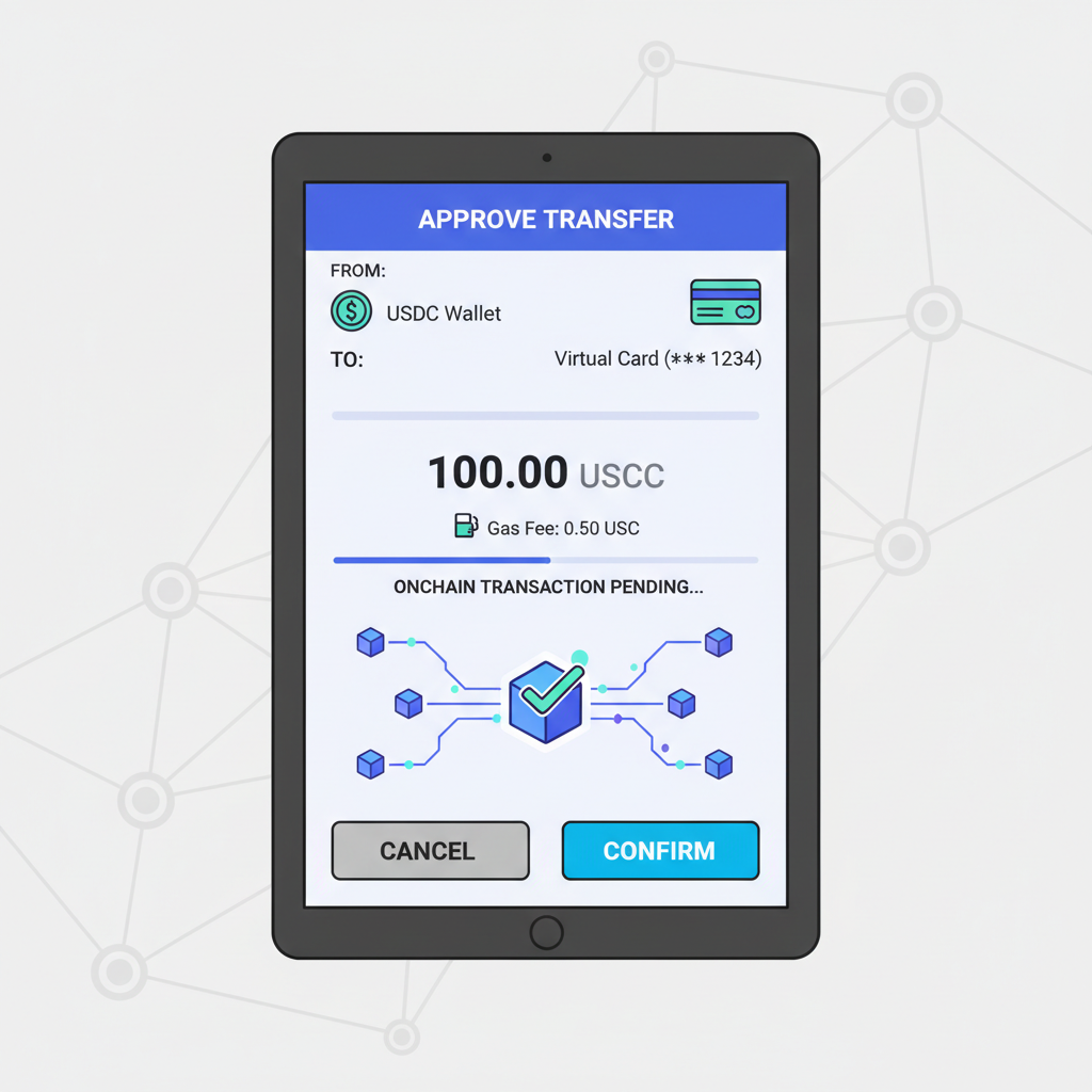 wallet approval screen for USDC transfer to virtual card, onchain transaction pending, blockchain visualization