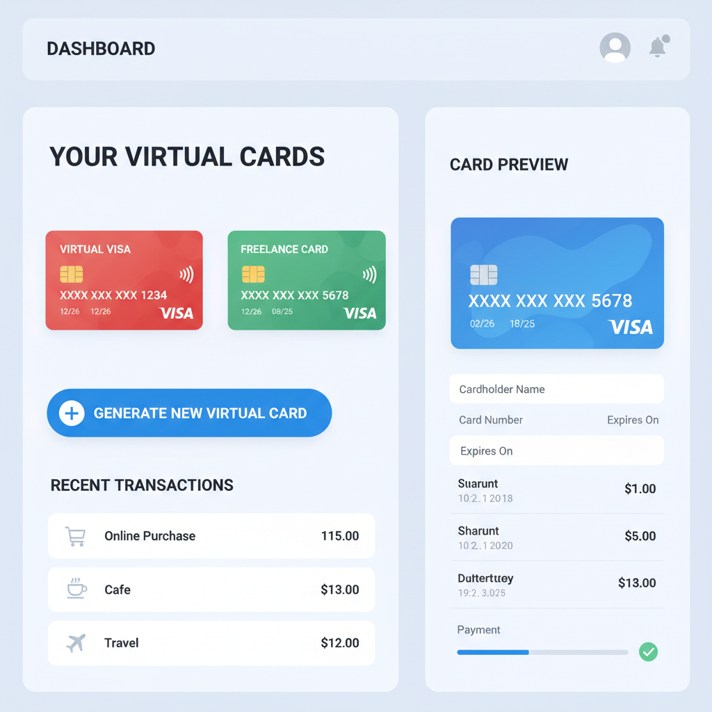 dashboard with virtual Visa card options, generate new button, card preview