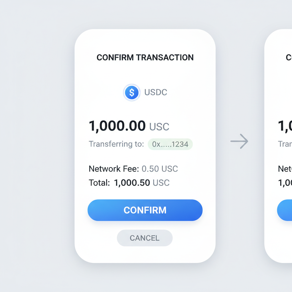 wallet transaction approval screen, USDC transfer details, confirm button