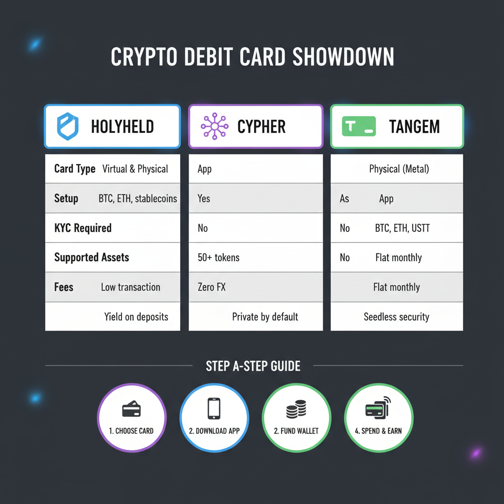 sleek comparison table of crypto debit cards Holyheld Cypher Tangem, dark mode UI, professional infographic