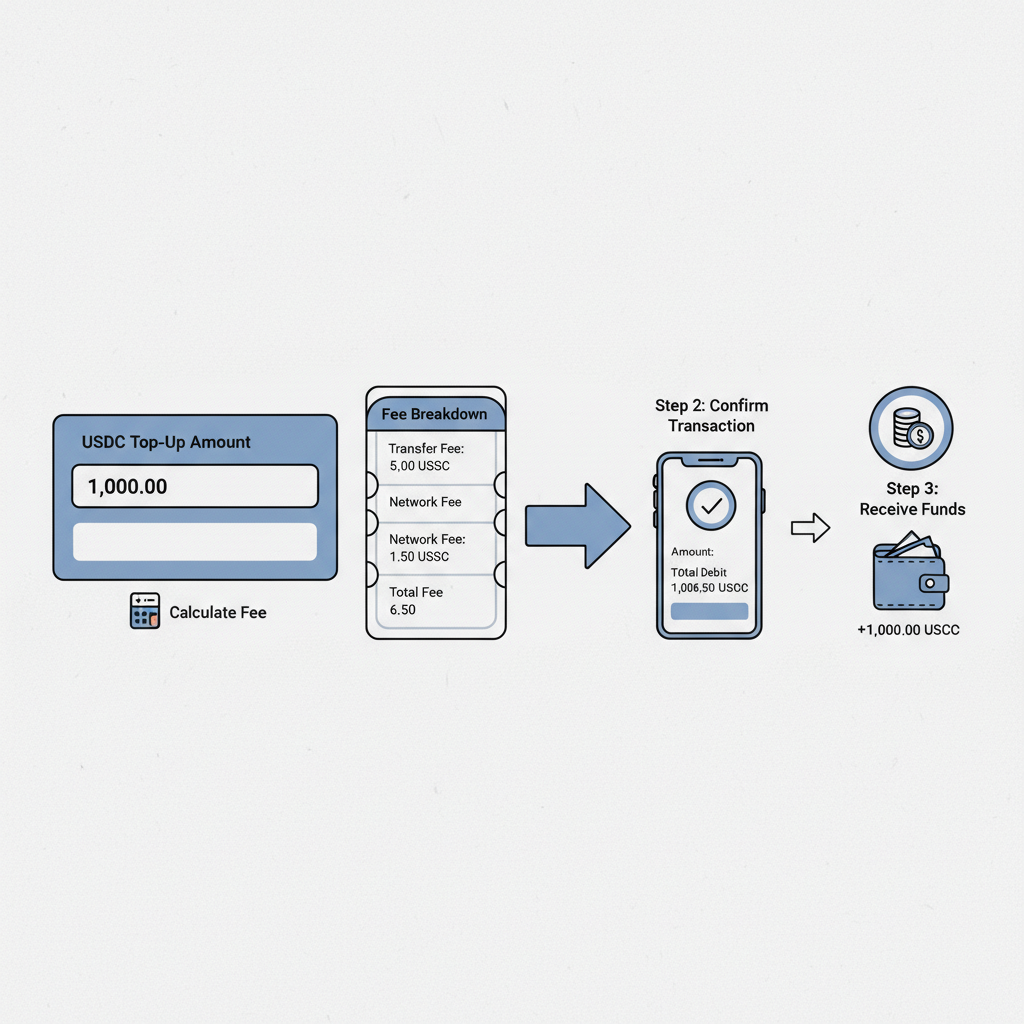 input field for USDC top-up amount, fee breakdown sidebar, calculator icon