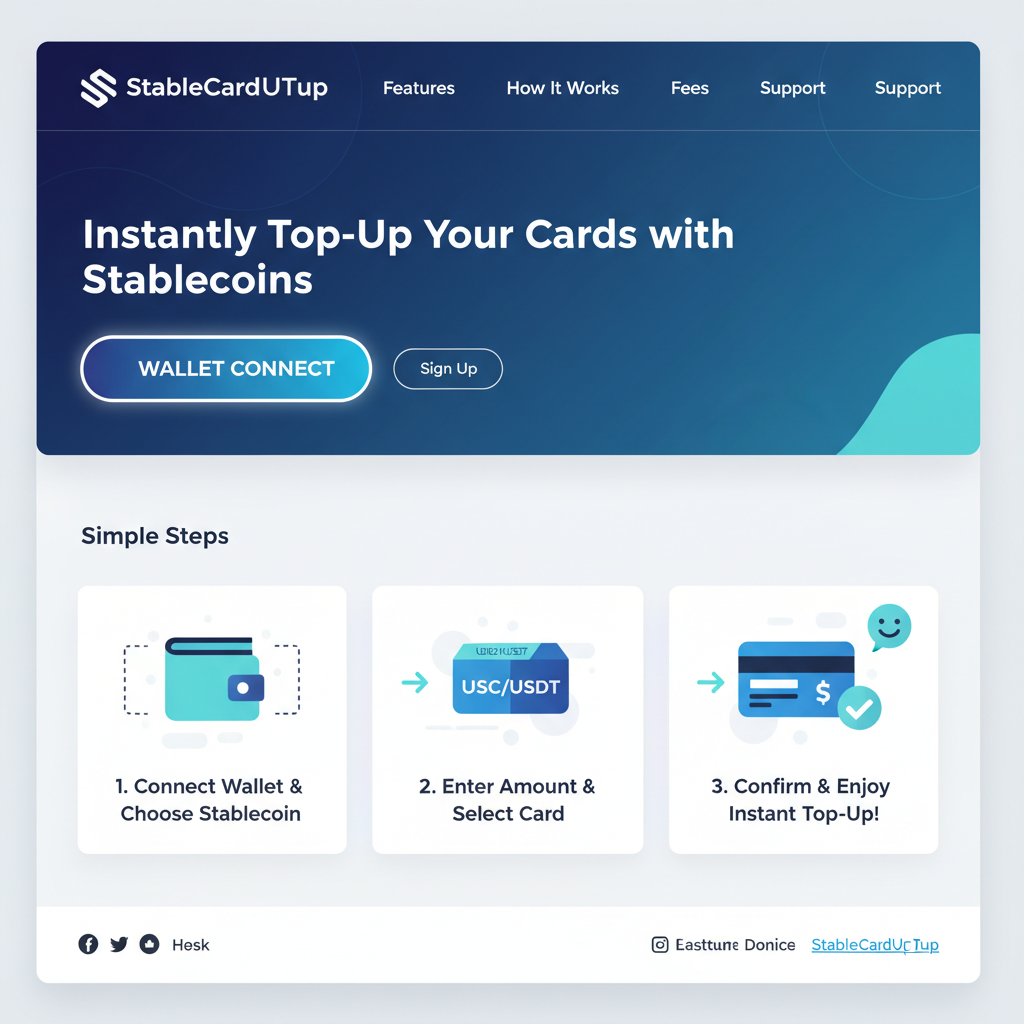 clean modern homepage of crypto top-up service StableCardTopUp, blue tones, wallet connect button prominent