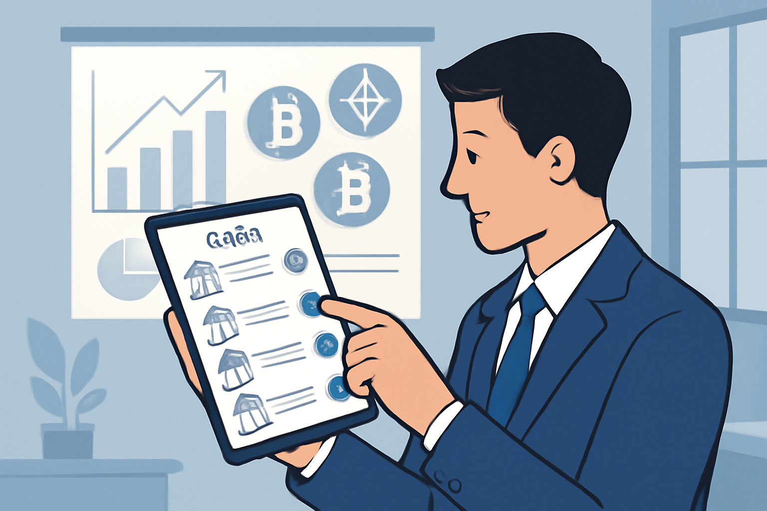 A professional businessperson comparing different crypto-friendly banks on a digital tablet, with charts and crypto symbols in the background, modern office setting