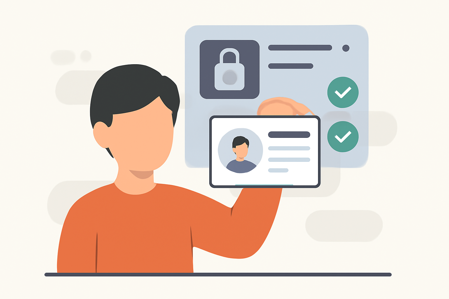 A person holding up an ID card for verification, with a secure digital interface and verification checkmarks