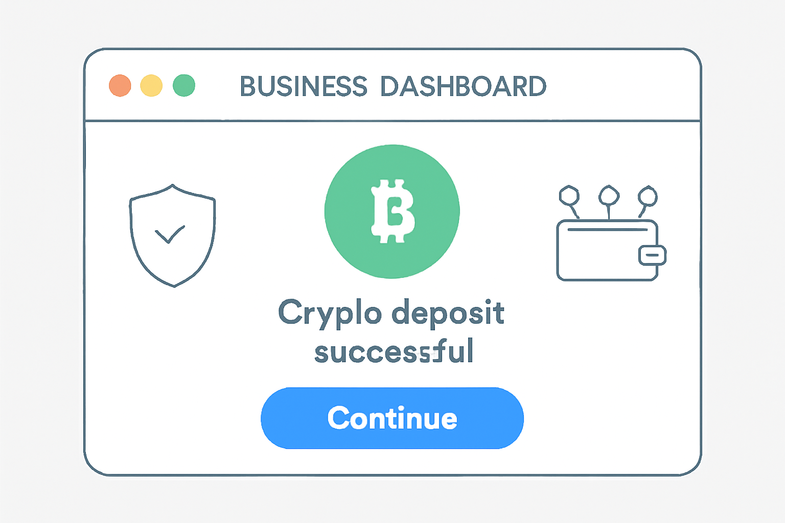 A business dashboard showing a successful crypto deposit, with security icons like a shield and multi-signature wallet symbols