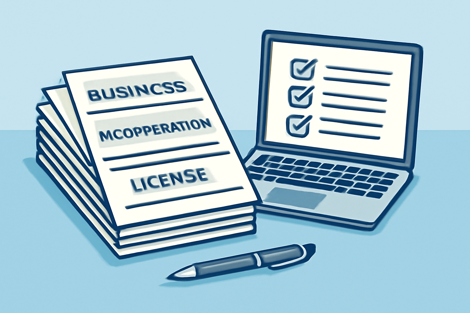 A neat stack of business documents, including incorporation papers and licenses, on a desk with a pen and a laptop displaying a checklist