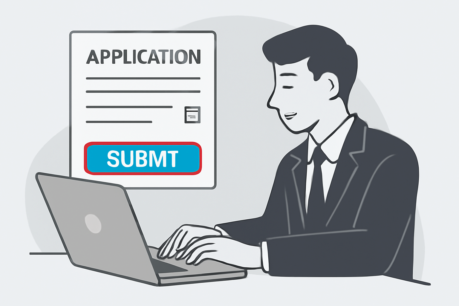 A business owner submitting an online application on a laptop, with a digital form and a 'submit' button highlighted, modern interface