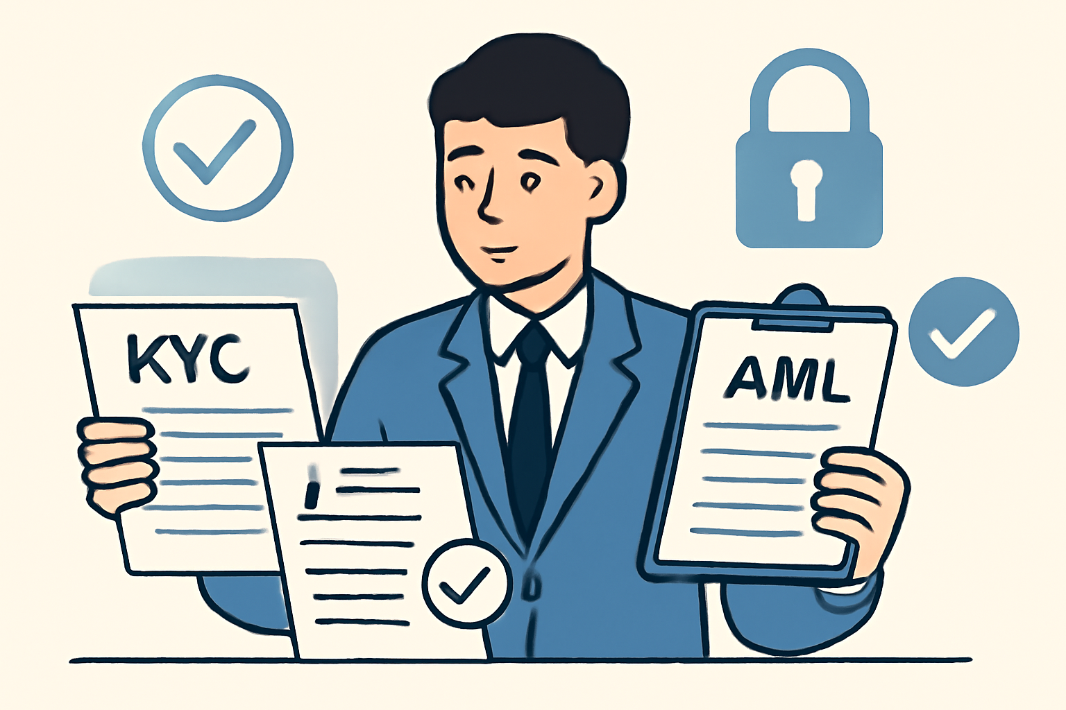 A compliance officer reviewing KYC and AML documents, with digital checkmarks and secure icons overlaying the image