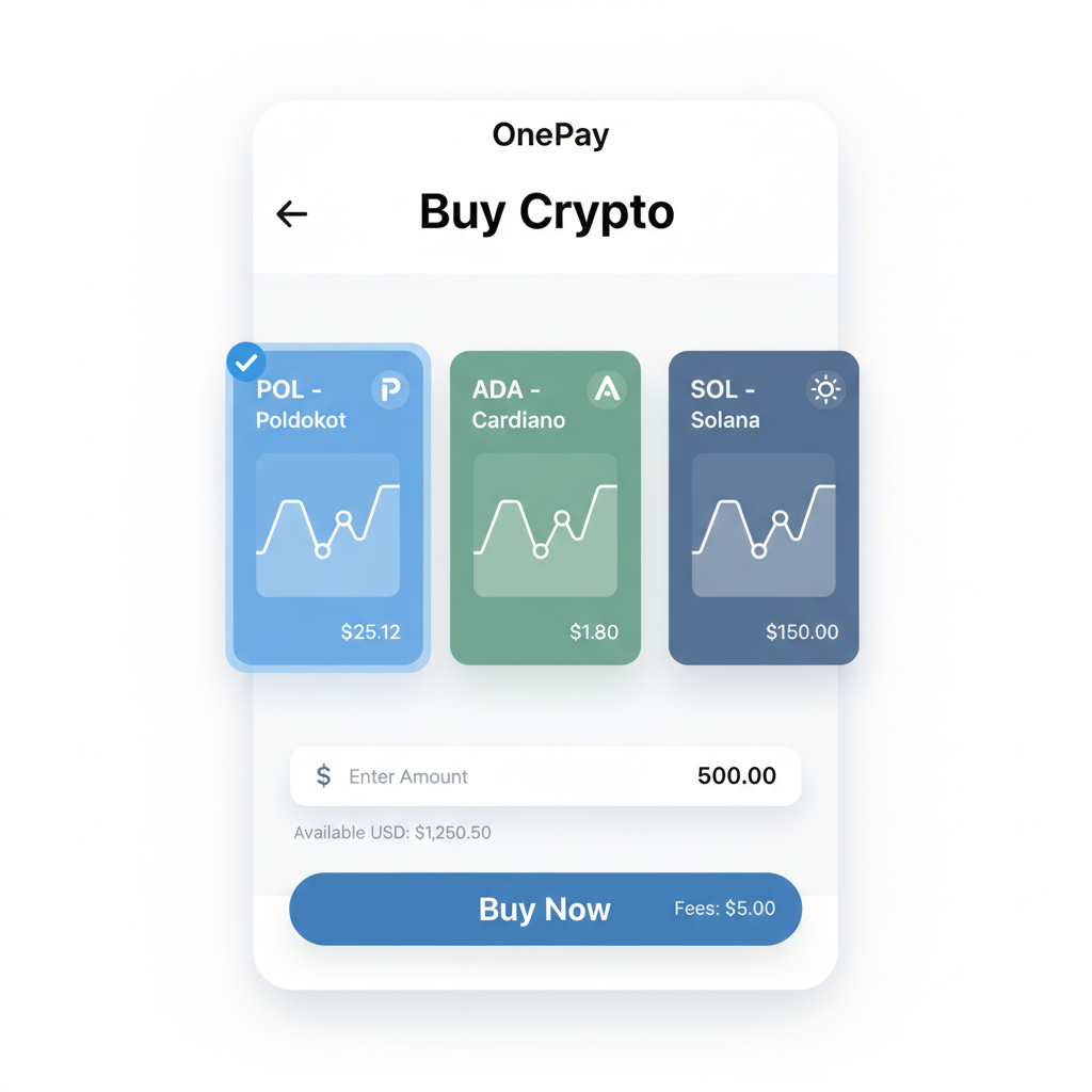 OnePay app crypto buy screen selecting POL ADA SOL with buy button, price charts, dollar input