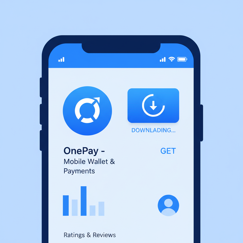 smartphone screen downloading OnePay app from app store, clean modern interface, vibrant blue tones