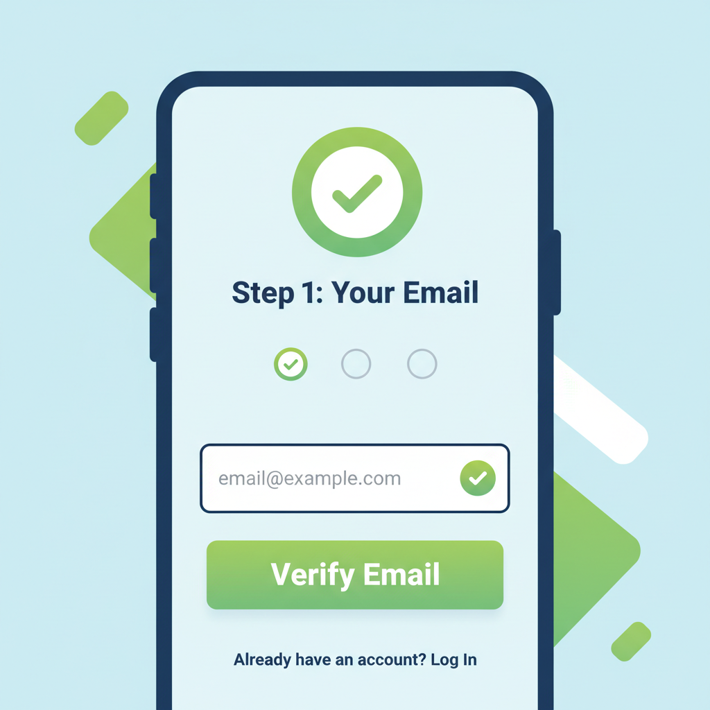 OnePay app signup screen with email input and verify button, simple user interface, green checkmarks