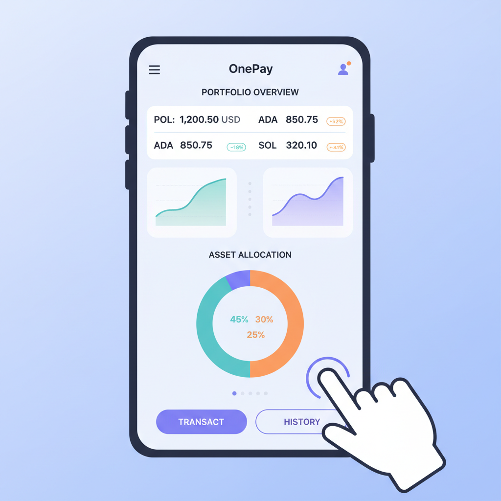 OnePay app portfolio dashboard showing POL ADA SOL balances and charts, modern dashboard view