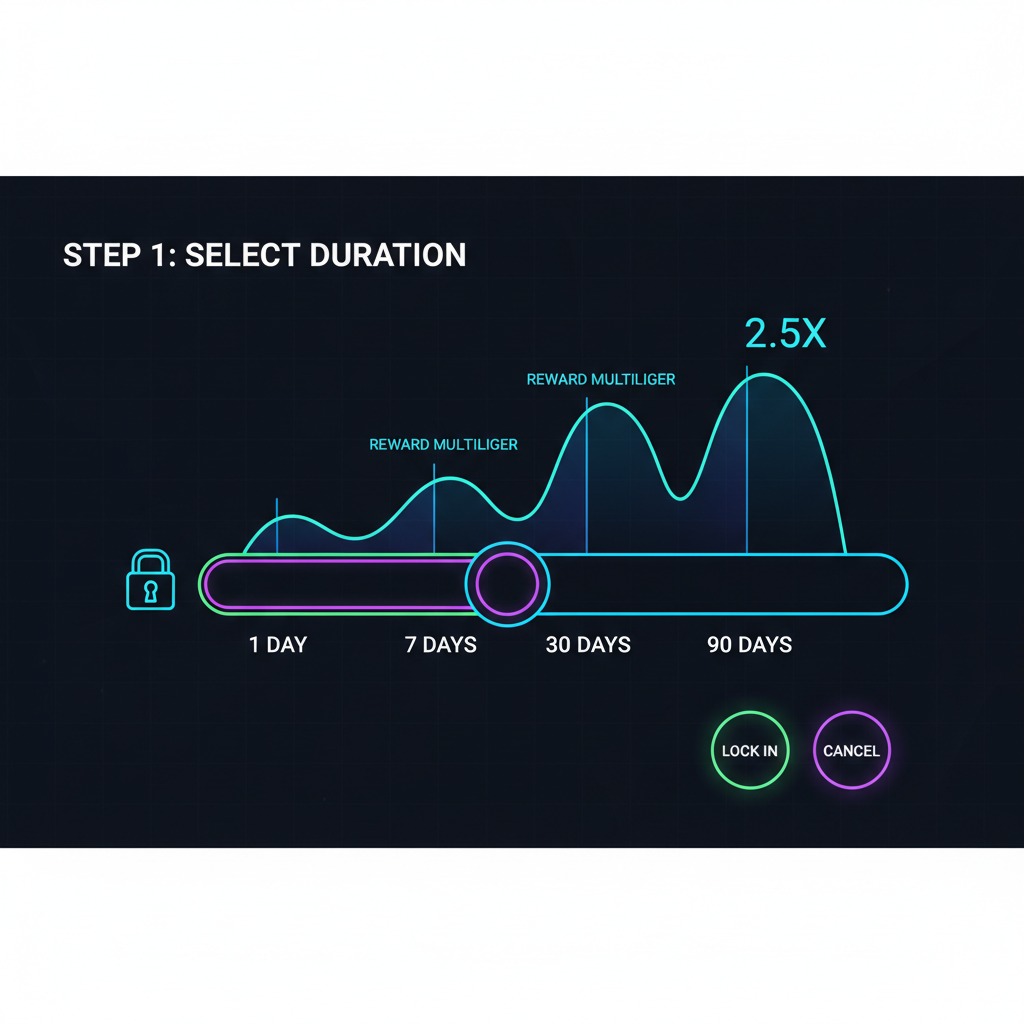 sliding lock duration selector with reward multiplier graphs rising, neon UI