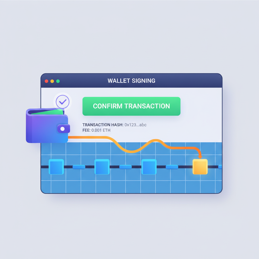 wallet signing glowing transaction confirmation on blockchain explorer