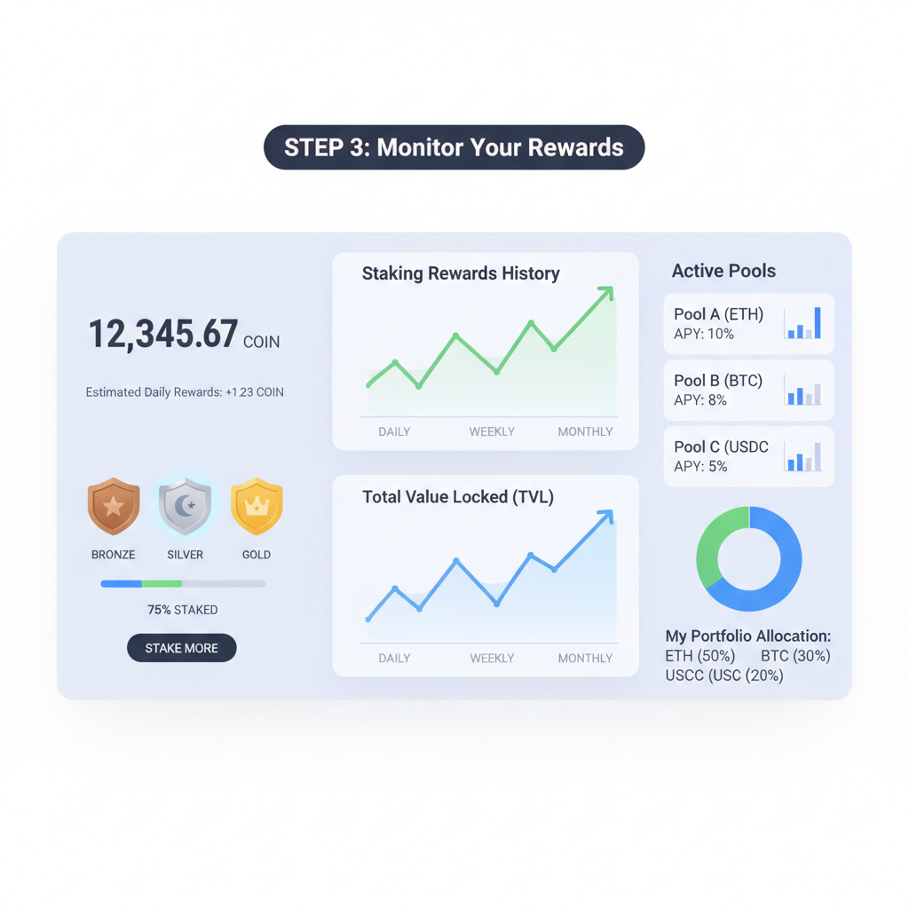 dynamic staking dashboard with reward counters, tier badges, and charts