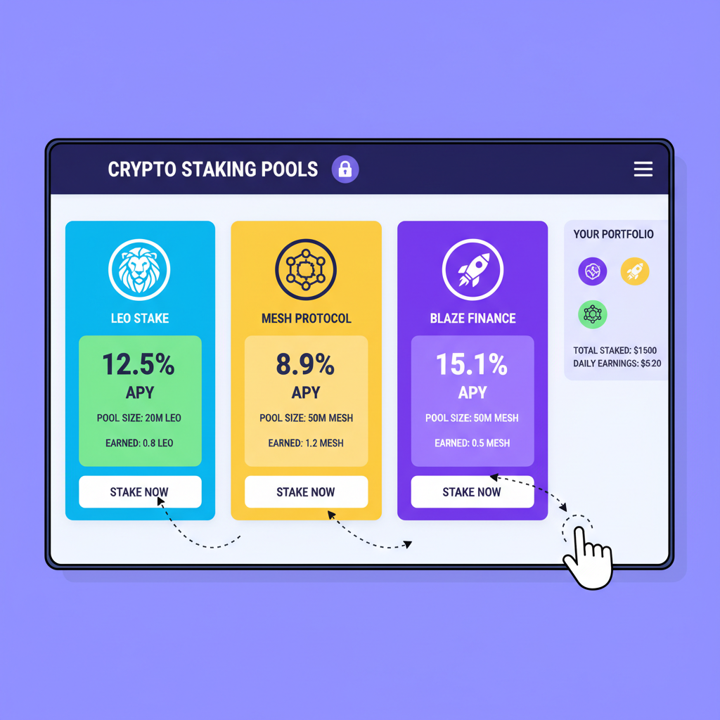 vibrant dashboard showing crypto staking pools with project logos and APY stats